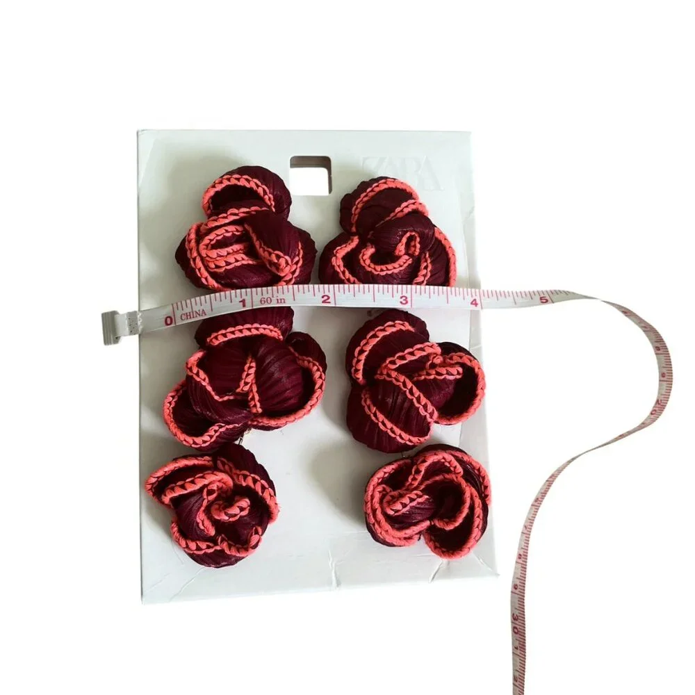 Zara Wine Red Floral Fabric Drop Earrings Triple Flower Statement Butterfly Back - Picture 6 of 7